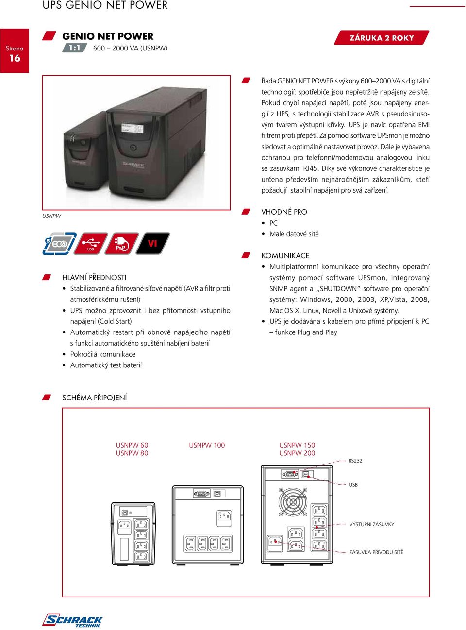 Za pomocí software UPSmon je možno sledovat a optimálně nastavovat provoz. Dále je vybavena ochranou pro telefonní/modemovou analogovou linku se zásuvkami RJ45.