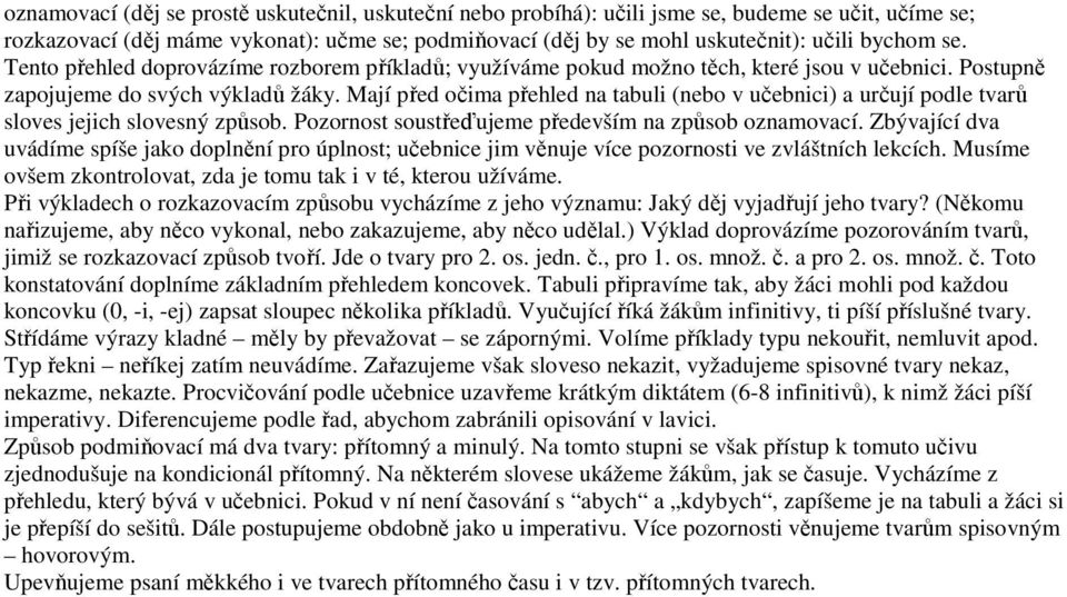 Mají před očima přehled na tabuli (nebo v učebnici) a určují podle tvarů sloves jejich slovesný způsob. Pozornost soustřeďujeme především na způsob oznamovací.