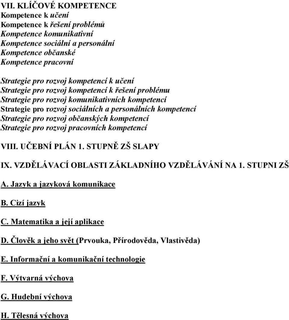 rozvoj občanských kompetencí Strategie pro rozvoj pracovních kompetencí VIII. UČEBNÍ PLÁN 1. STUPNĚ ZŠ SLAPY IX. VZDĚLÁVACÍ OBLASTI ZÁKLADNÍHO VZDĚLÁVÁNÍ NA 1. STUPNI ZŠ A.