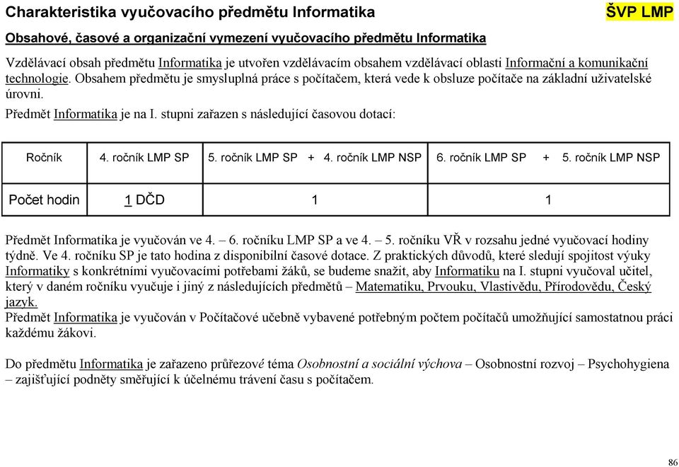 stupni zařazen s následující časovou dotací: Ročník 4. ročník LMP SP 5. ročník LMP SP + 4. ročník LMP NSP 6. ročník LMP SP + 5.