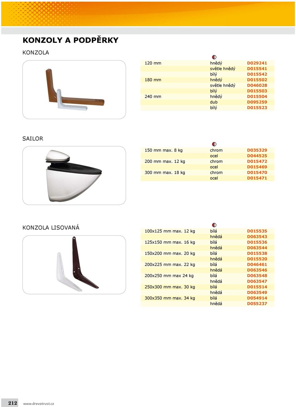 18 kg chrom D015470 ocel D015471 KONZOLA LISOVANÁ 100x125 mm max. 12 kg bílá D015535 hnědá D063543 125x150 mm max. 16 kg bílá D015536 hnědá D063544 150x200 mm max.