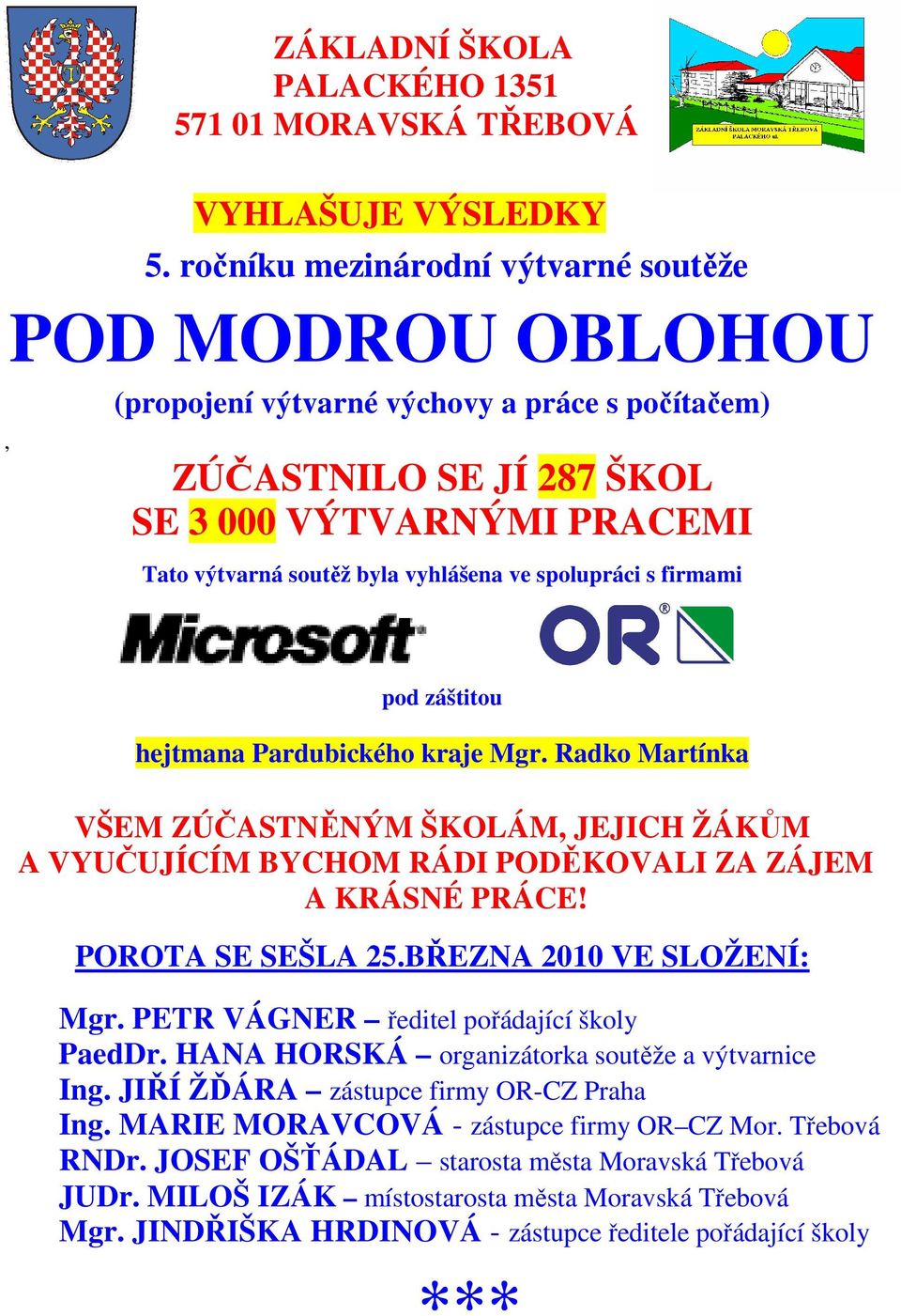 spolupráci s firmami pod záštitou hejtmana Pardubického kraje Mgr. Radko Martínka VŠEM ZÚČASTNĚNÝM ŠKOLÁM, JEJICH ŽÁKŮM A VYUČUJÍCÍM BYCHOM RÁDI PODĚKOVALI ZA ZÁJEM A KRÁSNÉ PRÁCE! POROTA SE SEŠLA 25.