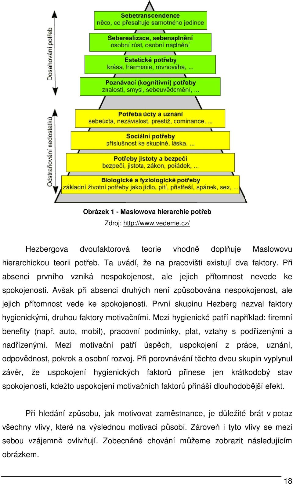 Avšak při absenci druhých není způsobována nespokojenost, ale jejich přítomnost vede ke spokojenosti. První skupinu Hezberg nazval faktory hygienickými, druhou faktory motivačními.