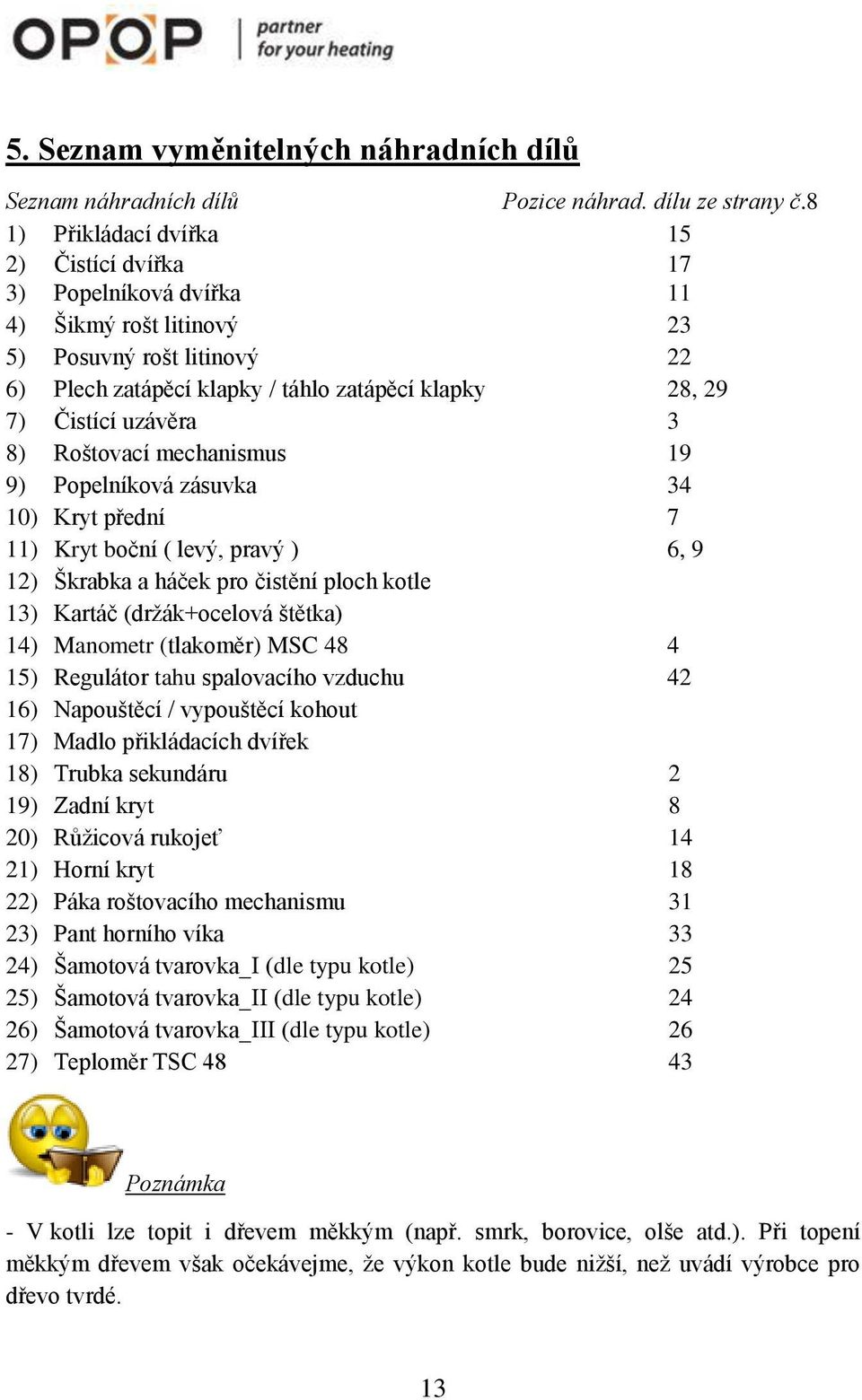 Roštovací mechanismus 9 9) Popelníková zásuvka 34 0) Kryt přední 7 ) Kryt boční ( levý, pravý ) 6, 9 2) Škrabka a háček pro čistění ploch kotle 3) Kartáč (držák+ocelová štětka) 4) Manometr (tlakoměr)