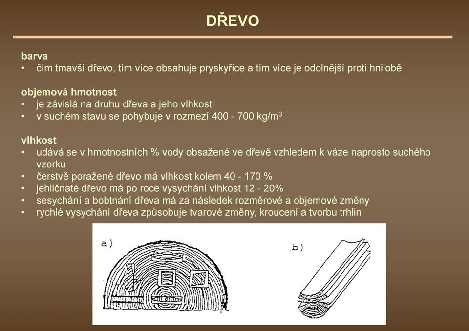 váze naprosto suchého vzorku čerstvě poražené dřevo má vlhkost kolem 40-170 % jehličnaté dřevo má po roce vysychání vlhkost 12-20%