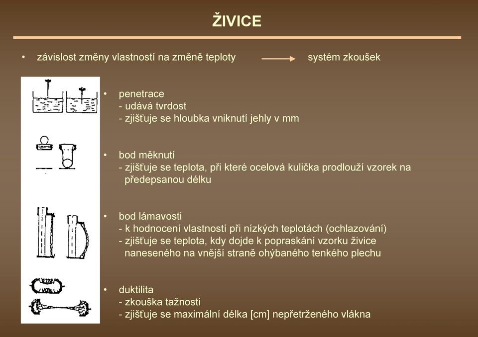 k hodnocení vlastností při nízkých teplotách (ochlazování) - zjišťuje se teplota, kdy dojde k popraskání vzorku živice