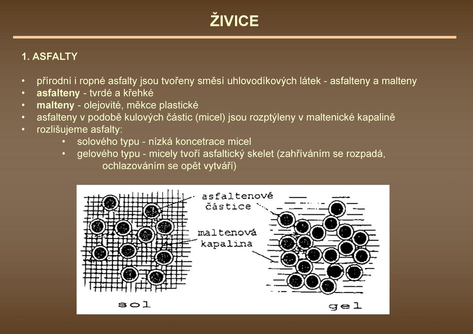 asfalteny - tvrdé a křehké malteny - olejovité, měkce plastické asfalteny v podobě kulových částic