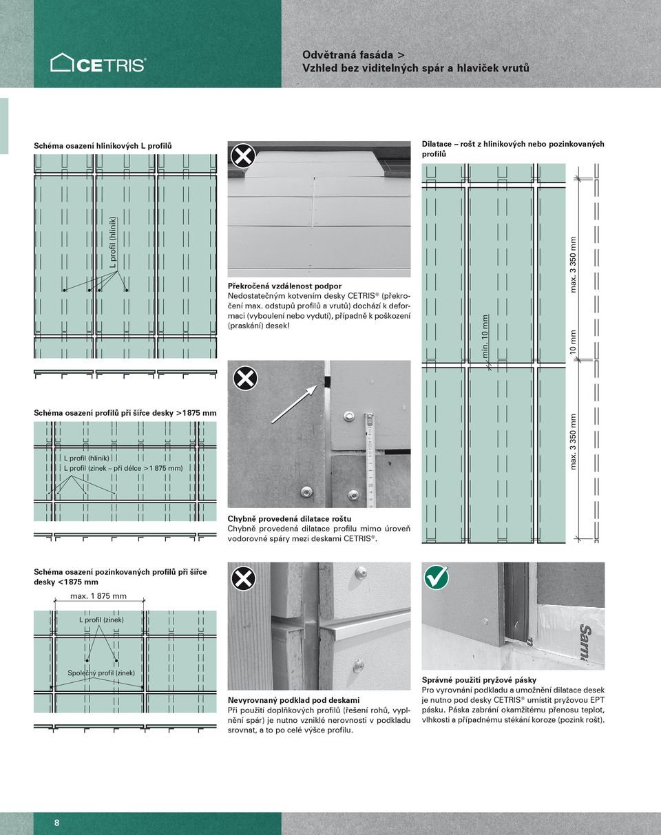 0 mm 0 mm Schéma osazení profilů při šířce desky > 8 mm L profil (hliník) L profil (zinek při délce > 8 mm) max.