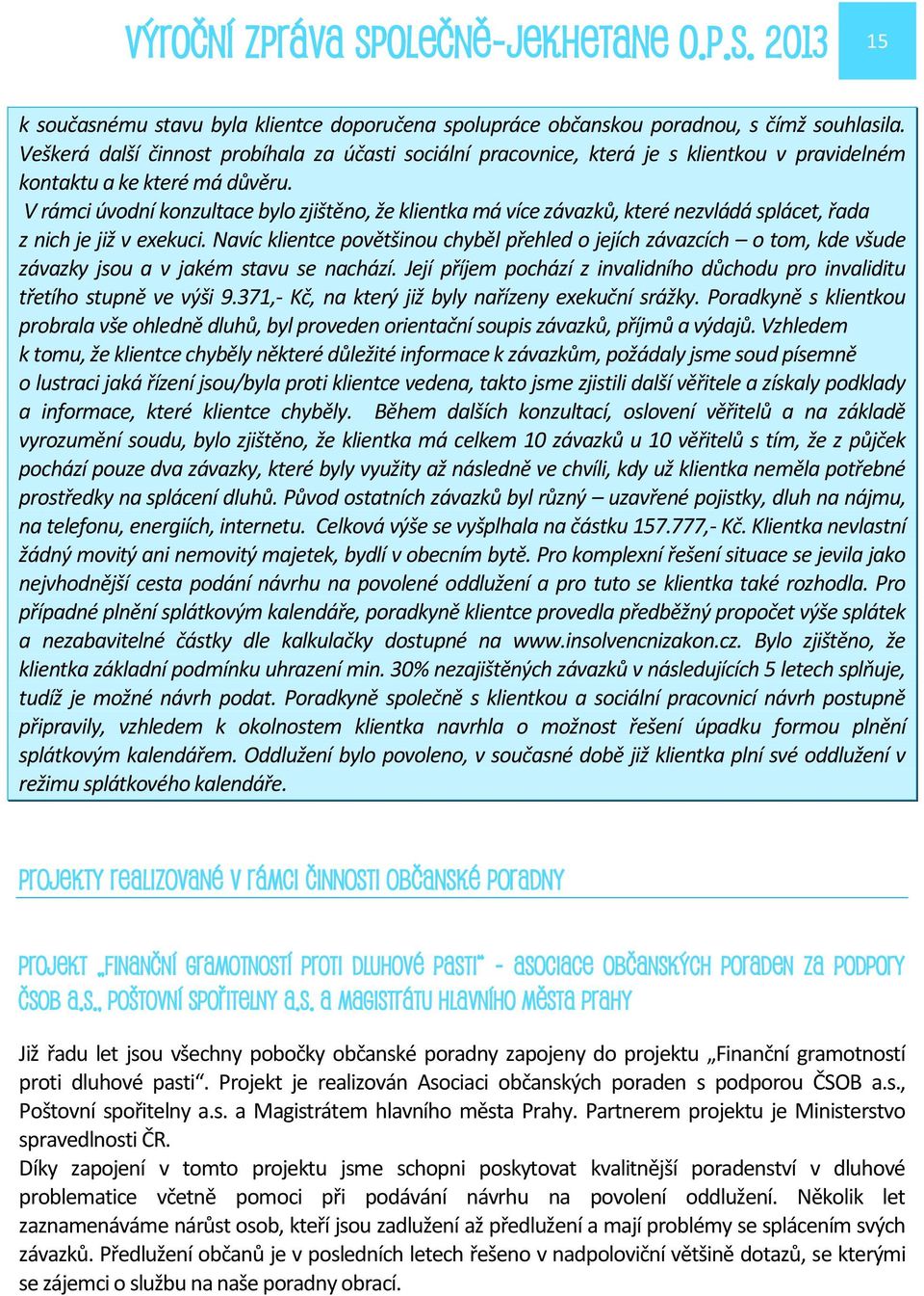 V rámci úvodní konzultace bylo zjištěno, že klientka má více závazků, které nezvládá splácet, řada z nich je již v exekuci.