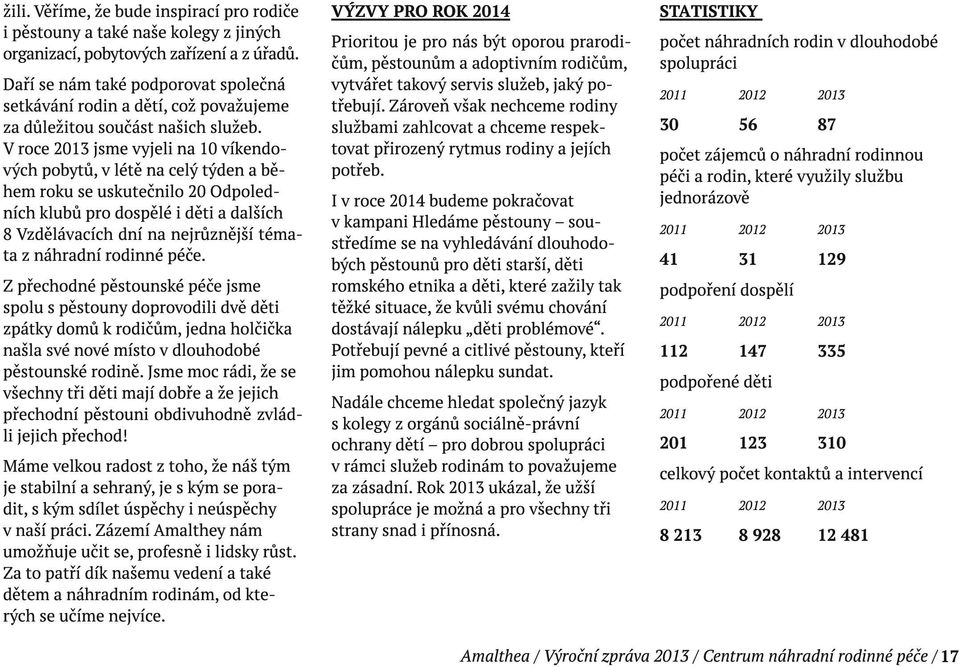 V roce 2013 jsme vyjeli na 10 víkendových pobytů, v létě na celý týden a během roku se uskutečnilo 20 Odpoledních klubů pro dospělé i děti a dalších 8 Vzdělávacích dní na nejrůznější témata z