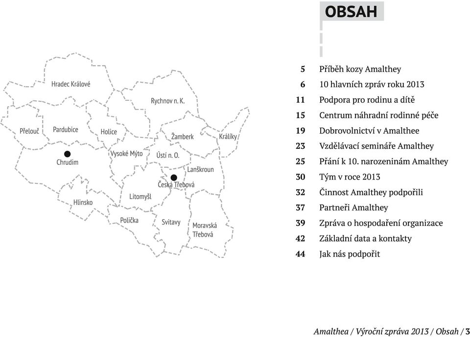 hlavních zpráv roku 2013 Podpora pro rodinu a dítě Centrum náhradní rodinné péče Dobrovolnictví v Amalthee Vzdělávací semináře Amalthey Přání k 10.