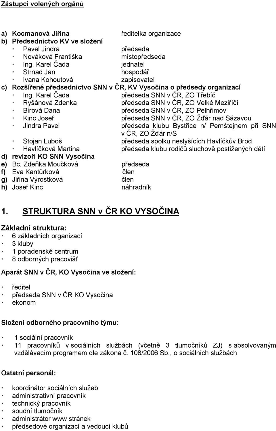 Karel Čada předseda SNN v ČR, ZO Třebíč Ryšánová Zdenka předseda SNN v ČR, ZO Velké Meziříčí Bírová Dana předseda SNN v ČR, ZO Pelhřimov Kinc Josef předseda SNN v ČR, ZO Žďár nad Sázavou Jindra Pavel