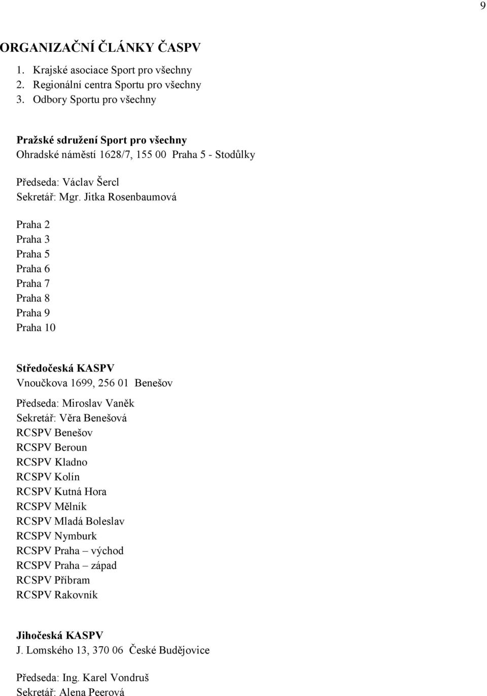 Jitka Rosenbaumová Praha 2 Praha 3 Praha 5 Praha 6 Praha 7 Praha 8 Praha 9 Praha 10 Středočeská KASPV Vnoučkova 1699, 256 01 Benešov Předseda: Miroslav Vaněk Sekretář: Věra Benešová