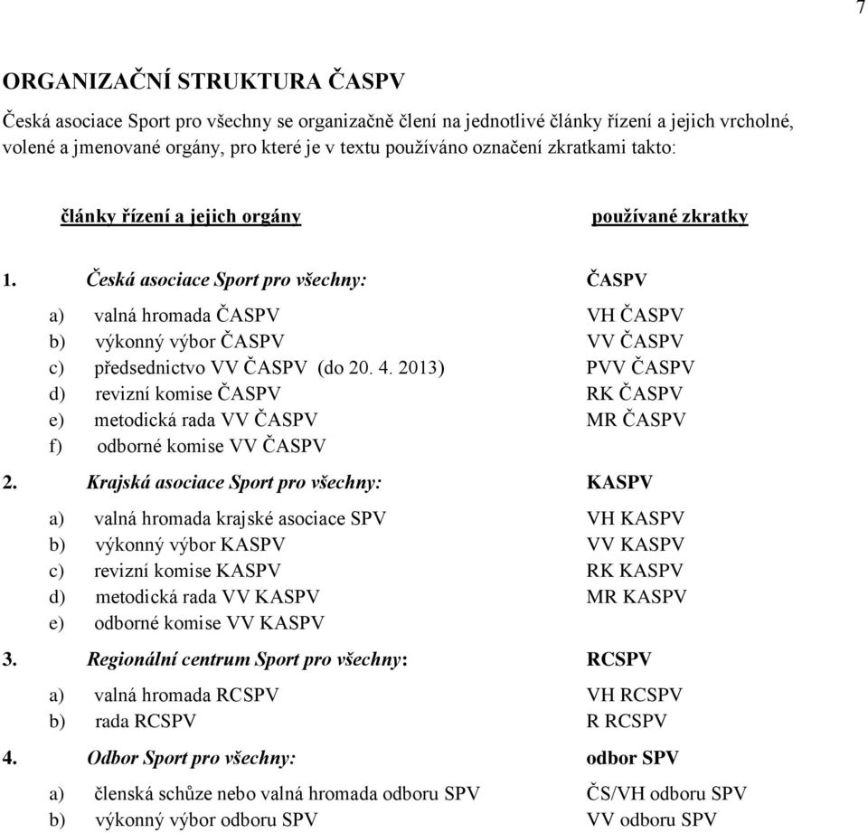 Česká asociace Sport pro všechny: ČASPV a) valná hromada ČASPV VH ČASPV b) výkonný výbor ČASPV VV ČASPV c) předsednictvo VV ČASPV (do 20. 4.