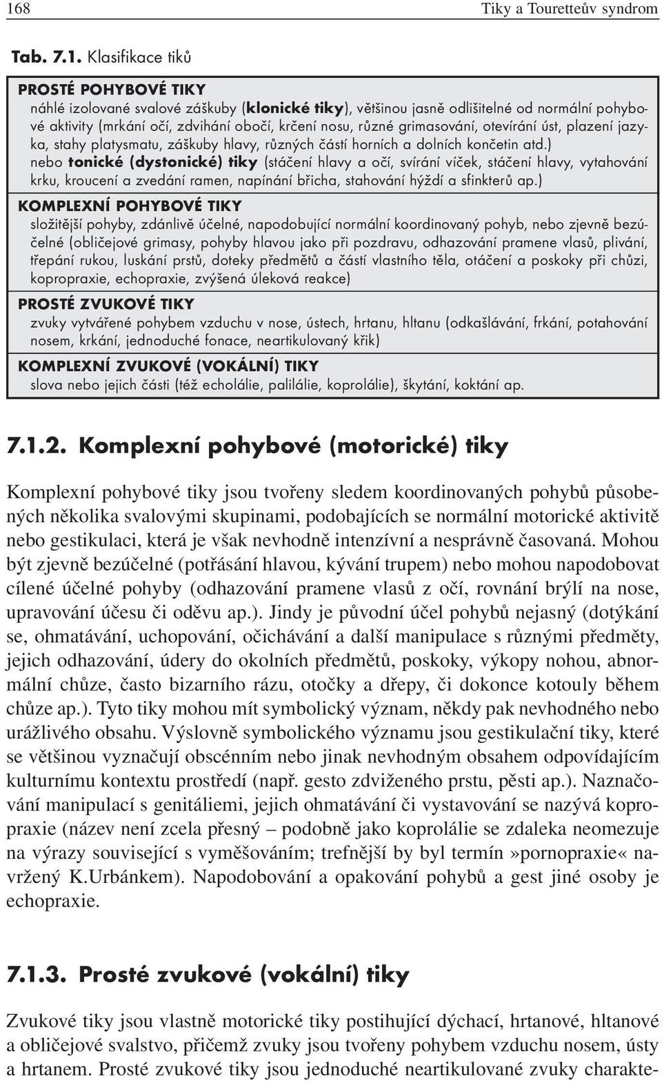 ) nebo tonické (dystonické) tiky (stáčení hlavy a očí, svírání víček, stáčení hlavy, vytahování krku, kroucení a zvedání ramen, napínání břicha, stahování hýždí a sfinkterů ap.