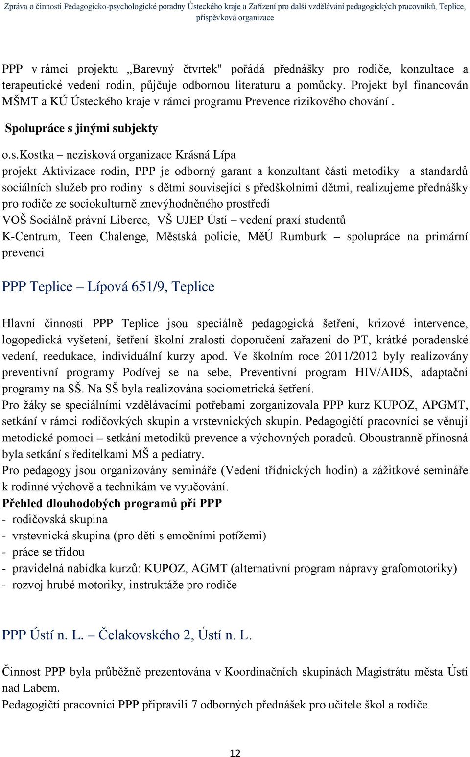 eckého kraje v rámci programu Prevence rizikového chování. Spolupráce s 