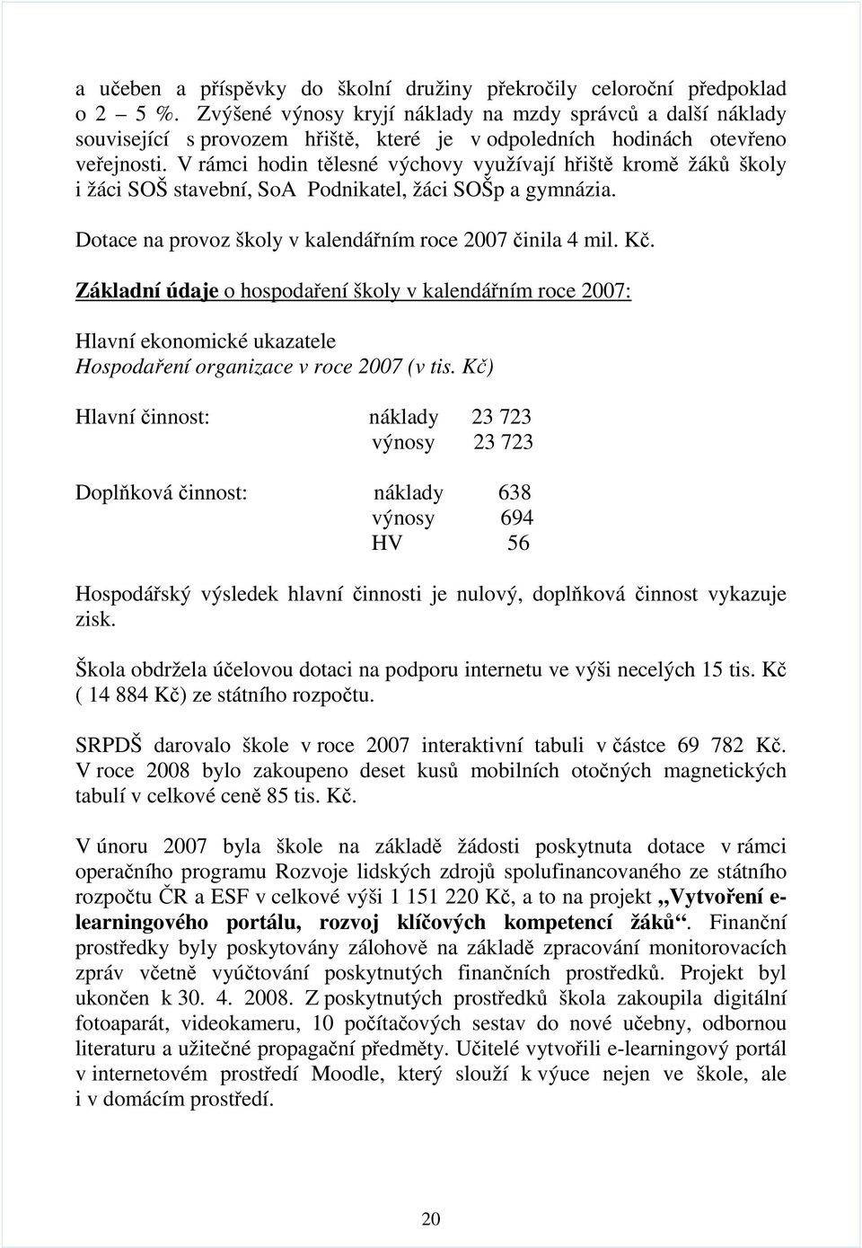 V rámci hodin tělesné výchovy využívají hřiště kromě žáků školy i žáci SOŠ stavební, SoA Podnikatel, žáci SOŠp a gymnázia. Dotace na provoz školy v kalendářním roce 2007 činila 4 mil. Kč.