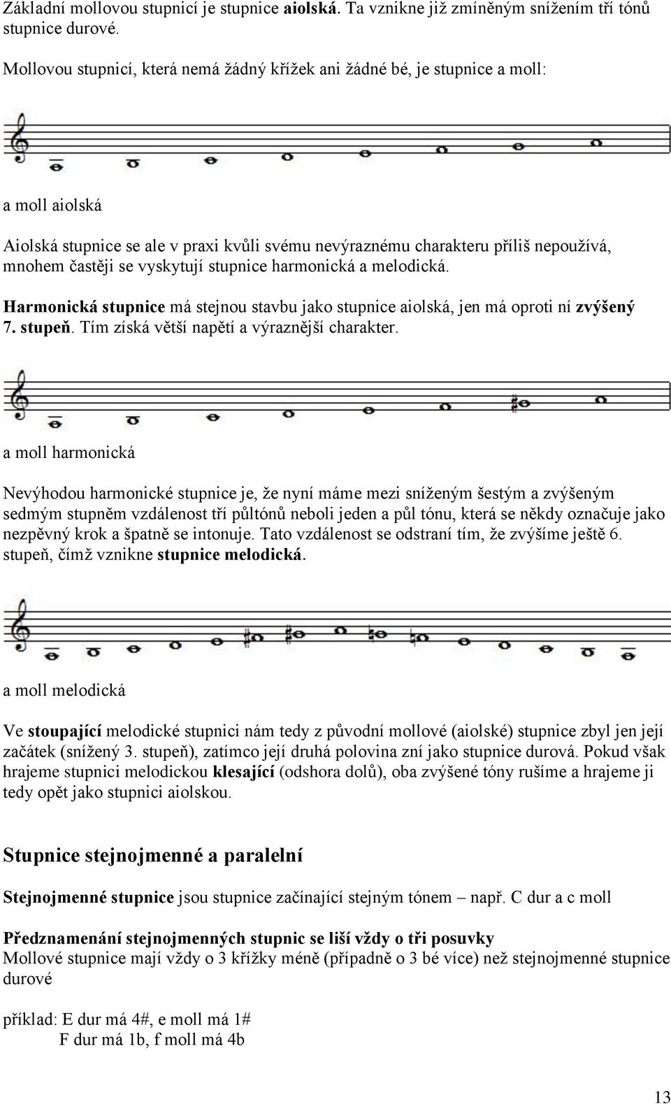 vyskytují stupnice harmonická a melodická. Harmonická stupnice má stejnou stavbu jako stupnice aiolská, jen má oproti ní zvýšený 7. stupeň. Tím získá větší napětí a výraznější charakter.