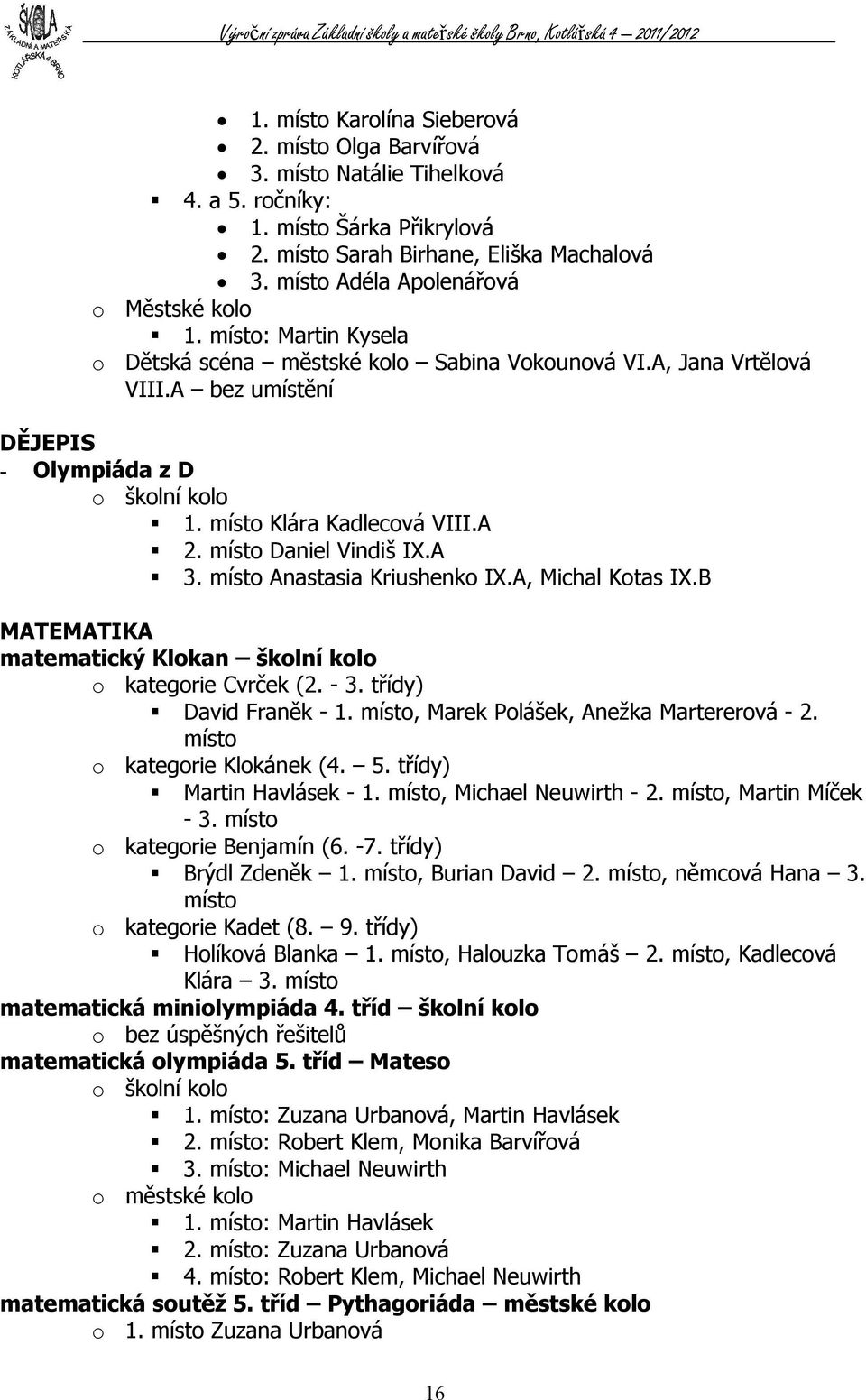 místo Klára Kadlecová VIII.A 2. místo Daniel Vindiš IX.A 3. místo Anastasia Kriushenko IX.A, Michal Kotas IX.B MATEMATIKA matematický Klokan školní kolo o kategorie Cvrček (2. - 3.