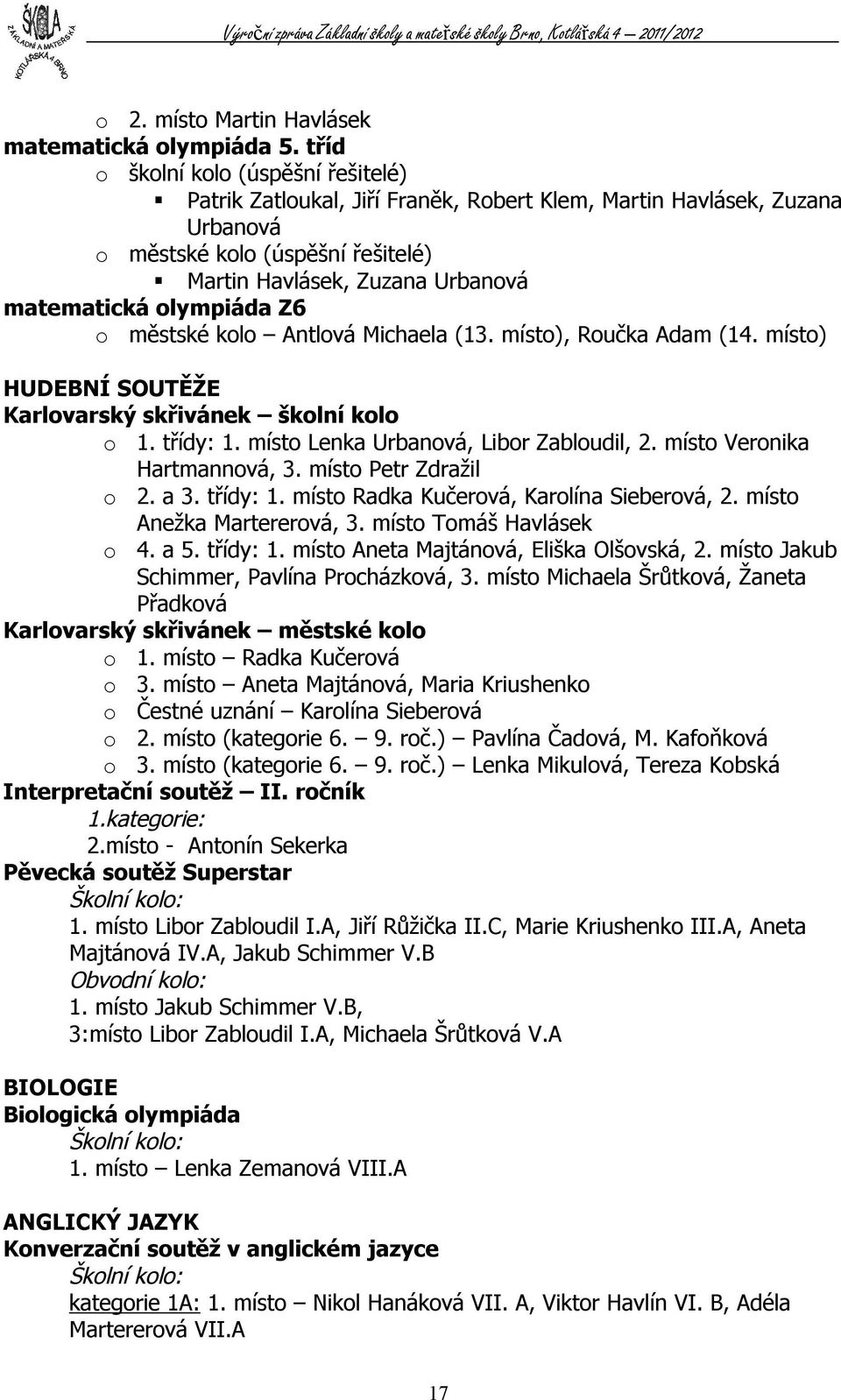 olympiáda Z6 o městské kolo Antlová Michaela (3. místo), Roučka Adam (4. místo) HUDEBNÍ SOUTĚŽE Karlovarský skřivánek školní kolo o. třídy:. místo Lenka Urbanová, Libor Zabloudil, 2.