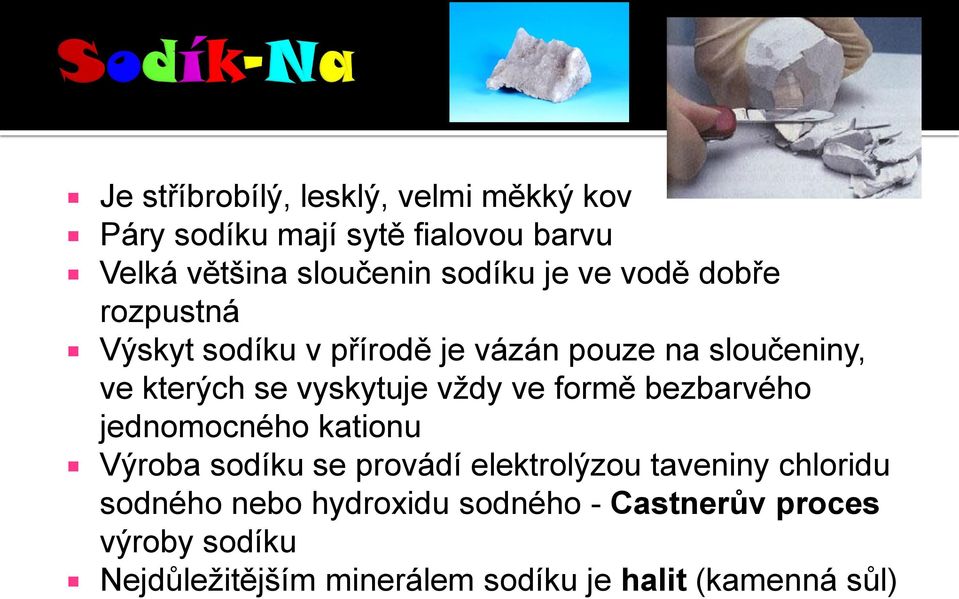 vždy ve formě bezbarvého jednomocného kationu Výroba sodíku se provádí elektrolýzou taveniny chloridu