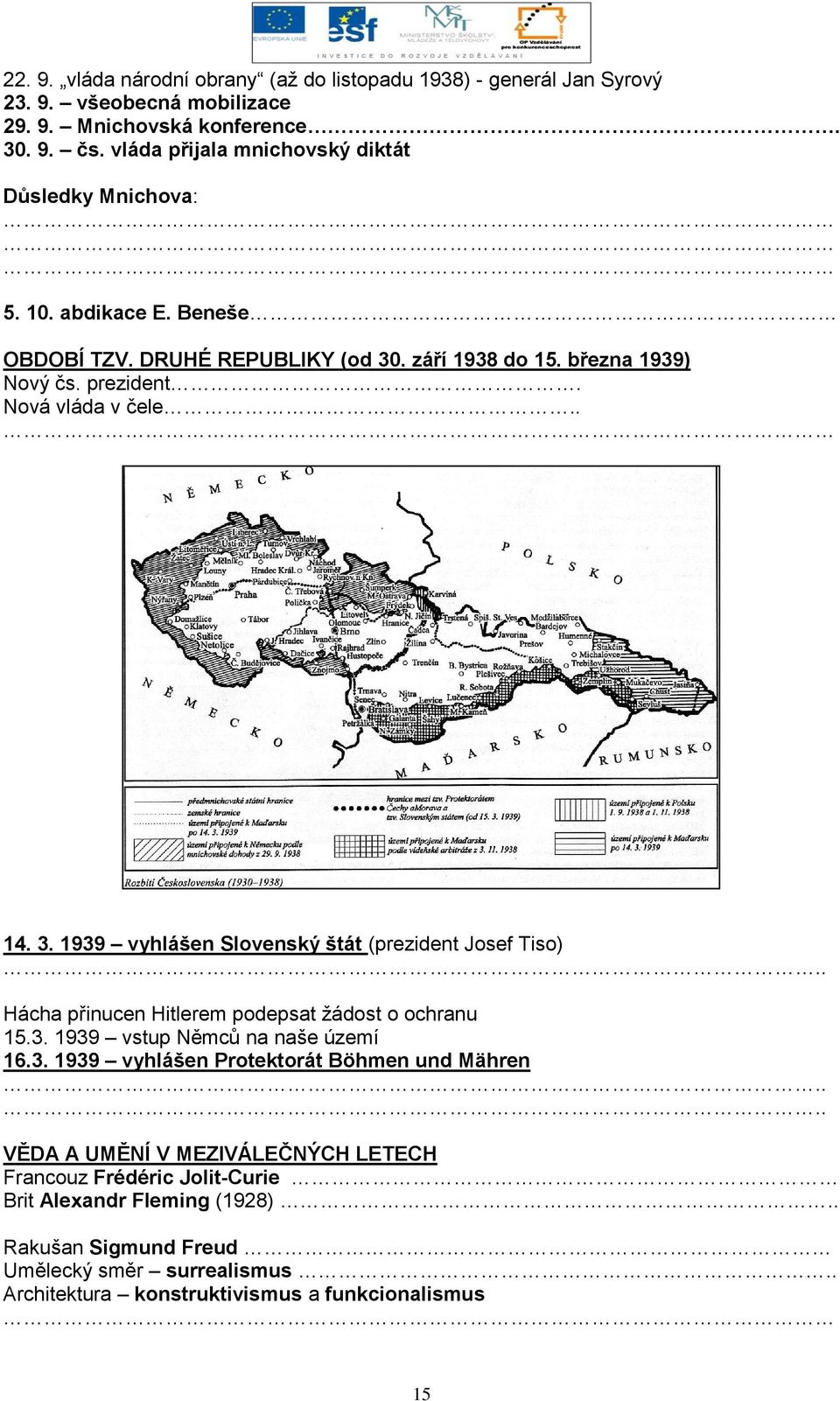 Nová vláda v čele.. 14. 3. 1939 vyhlášen Slovenský štát (prezident Josef Tiso) Hácha přinucen Hitlerem podepsat ţádost o ochranu 15.3. 1939 vstup Němců na naše území 16.3. 1939 vyhlášen Protektorát Böhmen und Mähren VĚDA A UMĚNÍ V MEZIVÁLEČNÝCH LETECH Francouz Frédéric Jolit-Curie Brit Alexandr Fleming (1928).