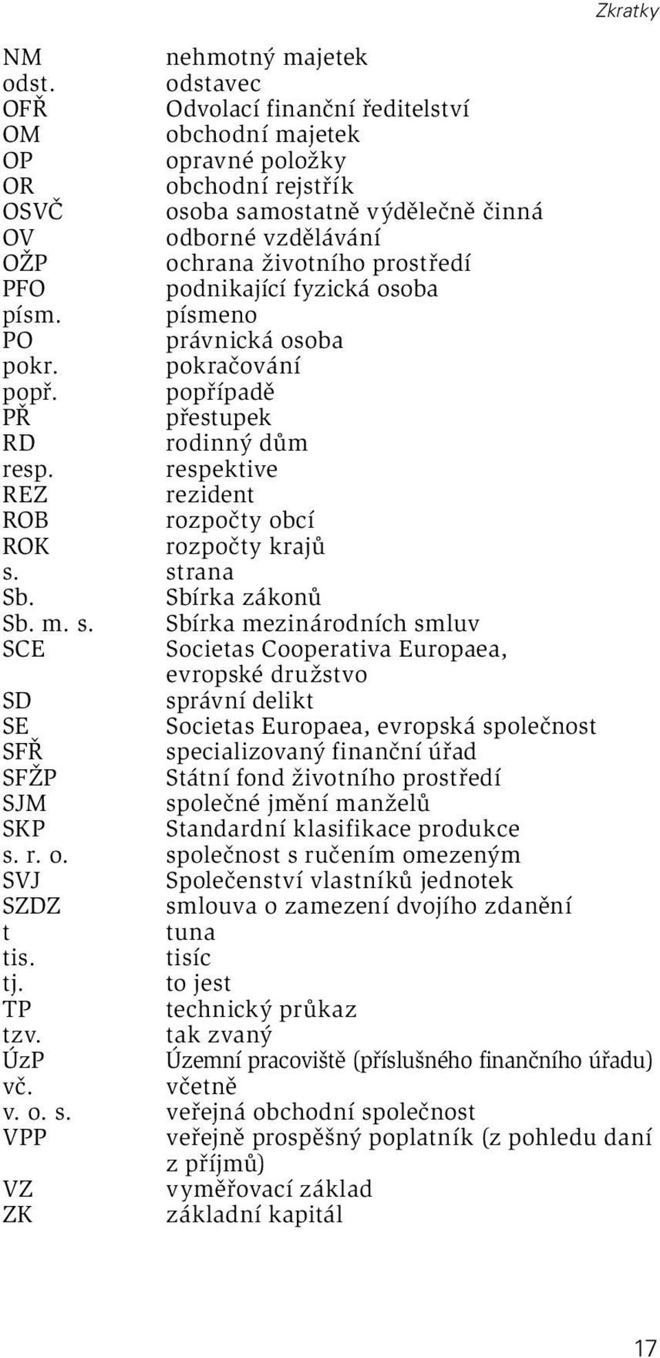 podnikající fyzická osoba písm. písmeno PO právnická osoba pokr. pokračování popř. popřípadě PŘ přestupek RD rodinný dům resp. respektive REZ rezident ROB rozpočty obcí ROK rozpočty krajů s.
