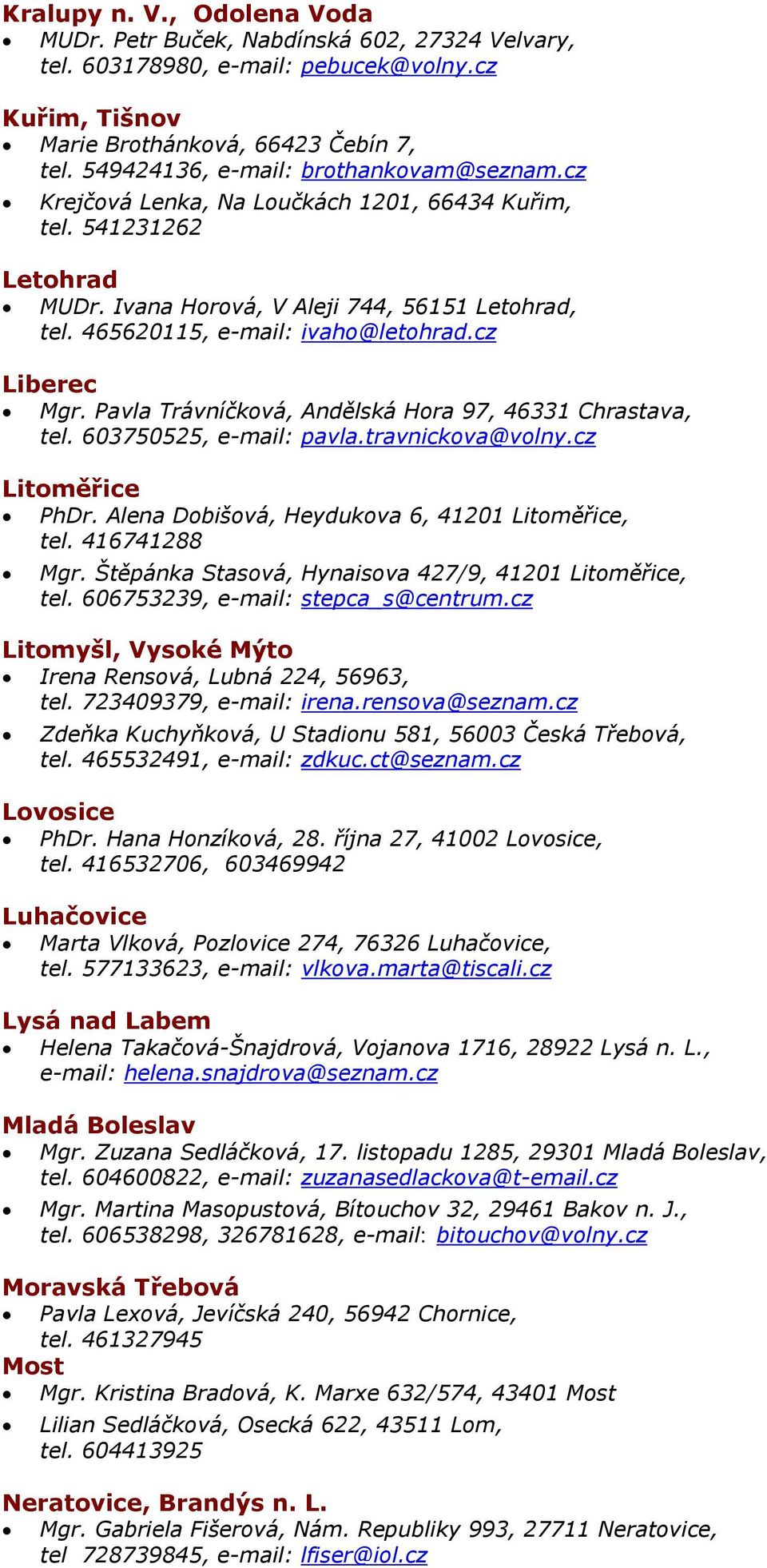 465620115, e-mail: ivaho@letohrad.cz Liberec Mgr. Pavla Trávníčková, Andělská Hora 97, 46331 Chrastava, tel. 603750525, e-mail: pavla.travnickova@volny.cz Litoměřice PhDr.