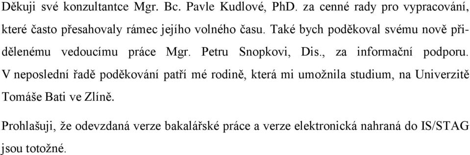 Také bych poděkoval svému nově přidělenému vedoucímu práce Mgr. Petru Snopkovi, Dis., za informační podporu.