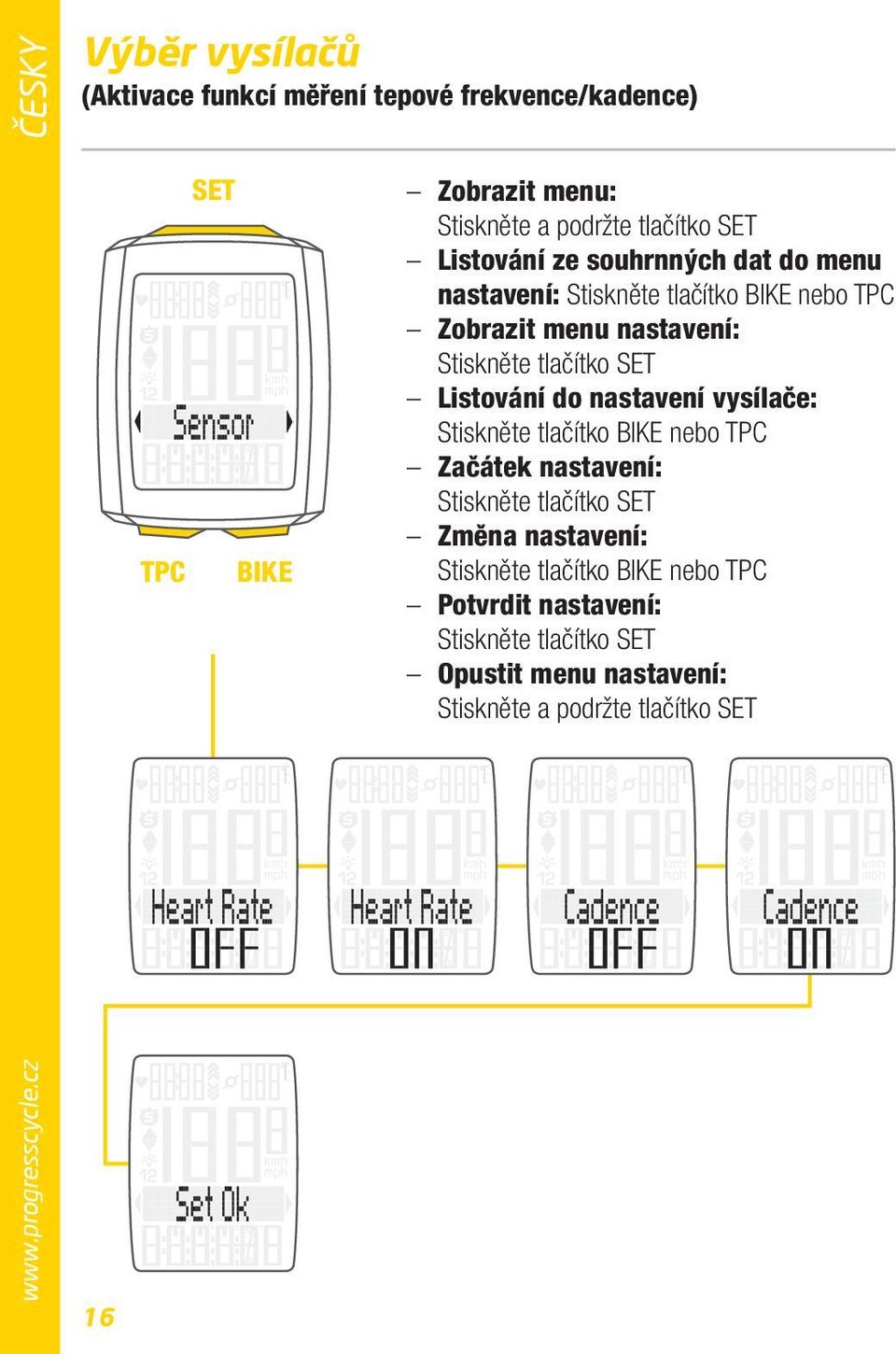 Listování do nastavení vysílače: Stiskněte tlačítko nebo Začátek nastavení: Stiskněte tlačítko Změna nastavení:
