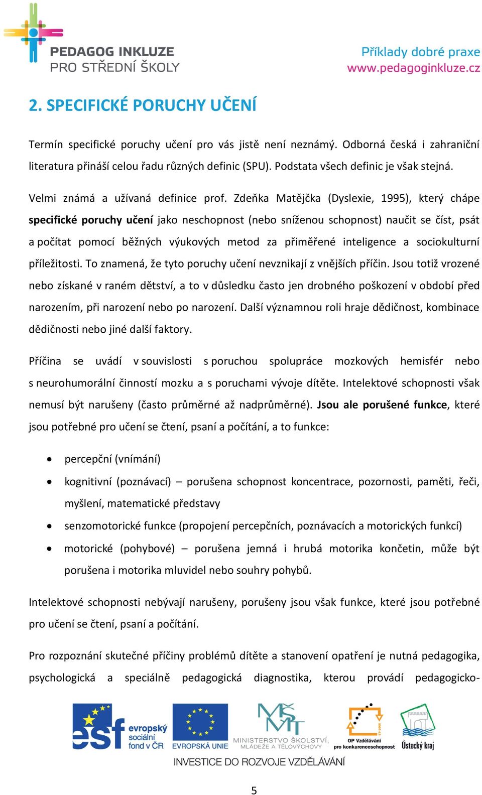 Zdeňka Matějčka (Dyslexie, 1995), který chápe specifické poruchy učení jako neschopnost (nebo sníženou schopnost) naučit se číst, psát a počítat pomocí běžných výukových metod za přiměřené