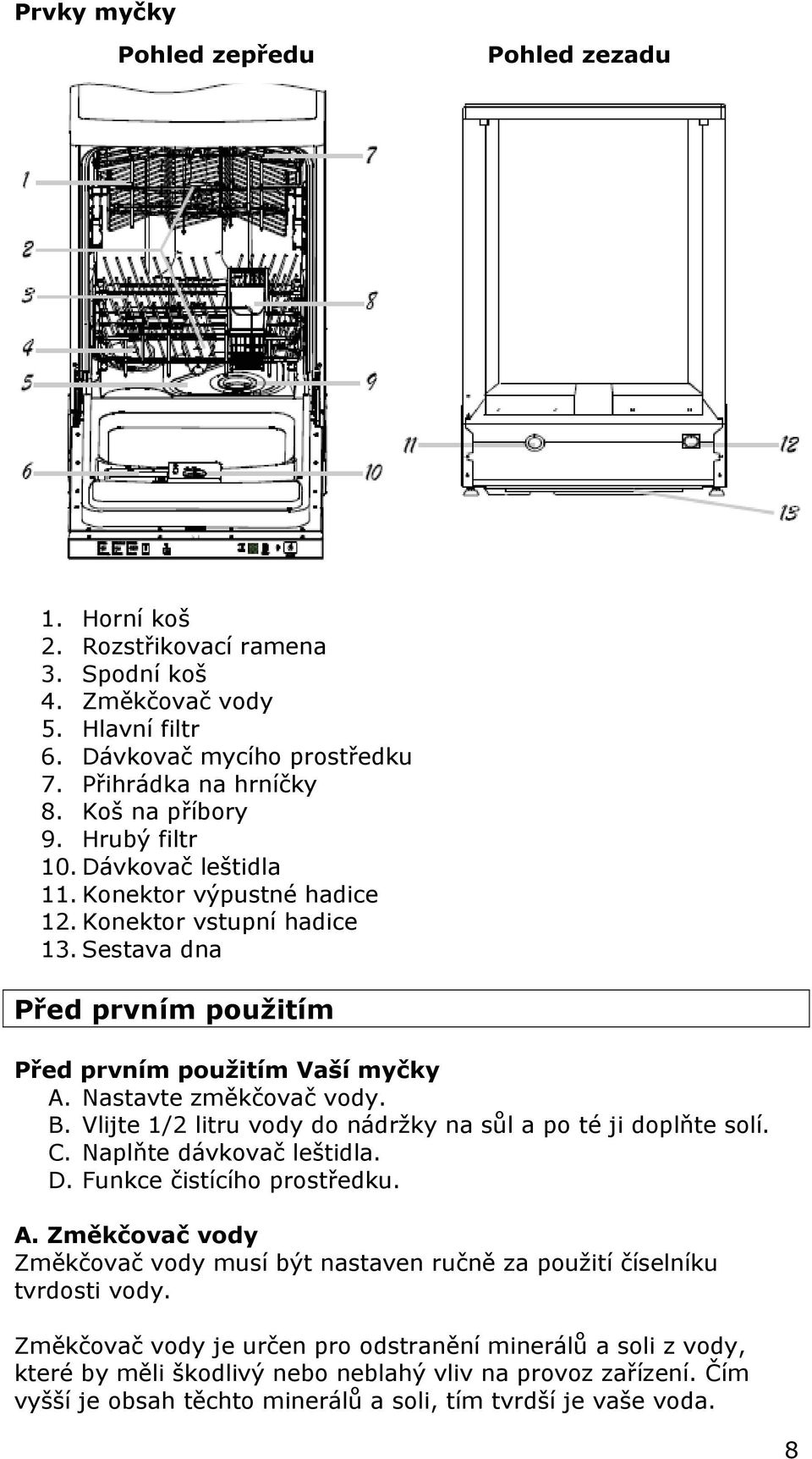 Vlijte 1/2 litru vody do nádržky na sůl a po té ji doplňte solí. C. Naplňte dávkovač leštidla. D. Funkce čistícího prostředku. A.