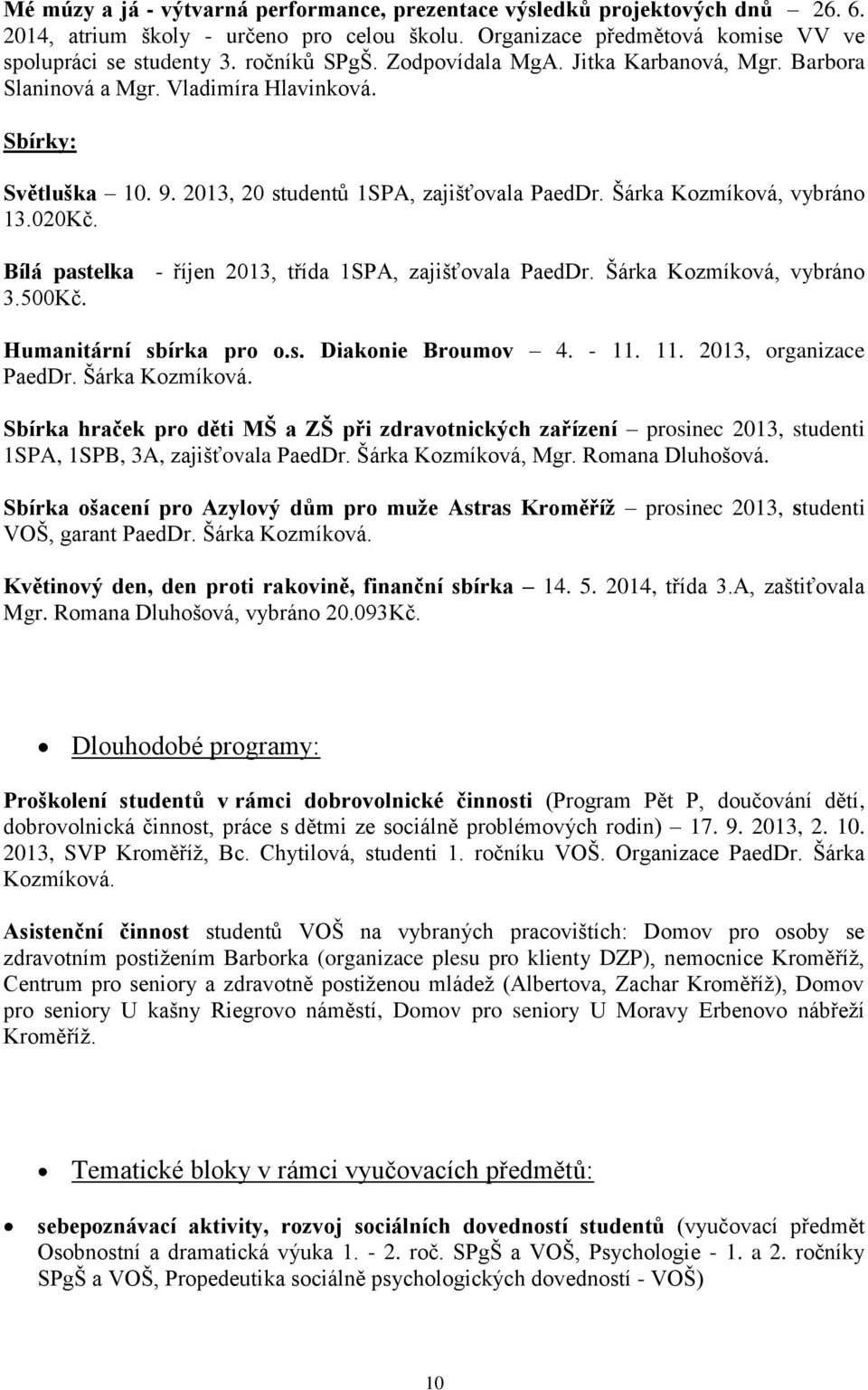 Bílá pastelka - říjen 2013, třída 1SPA, zajišťovala PaedDr. Šárka Kozmíková, vybráno 3.500Kč. Humanitární sbírka pro o.s. Diakonie Broumov 4. - 11. 11. 2013, organizace PaedDr. Šárka Kozmíková. Sbírka hraček pro děti MŠ a ZŠ při zdravotnických zařízení prosinec 2013, studenti 1SPA, 1SPB, 3A, zajišťovala PaedDr.