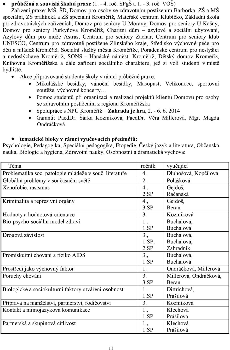 VOŠ) Zařízení praxe: MŠ, ŠD, Domov pro osoby se zdravotním postižením Barborka, ZŠ a MŠ speciální, ZŠ praktická a ZŠ speciální Kroměříž, Mateřské centrum Klubíčko, Základní škola při zdravotnických