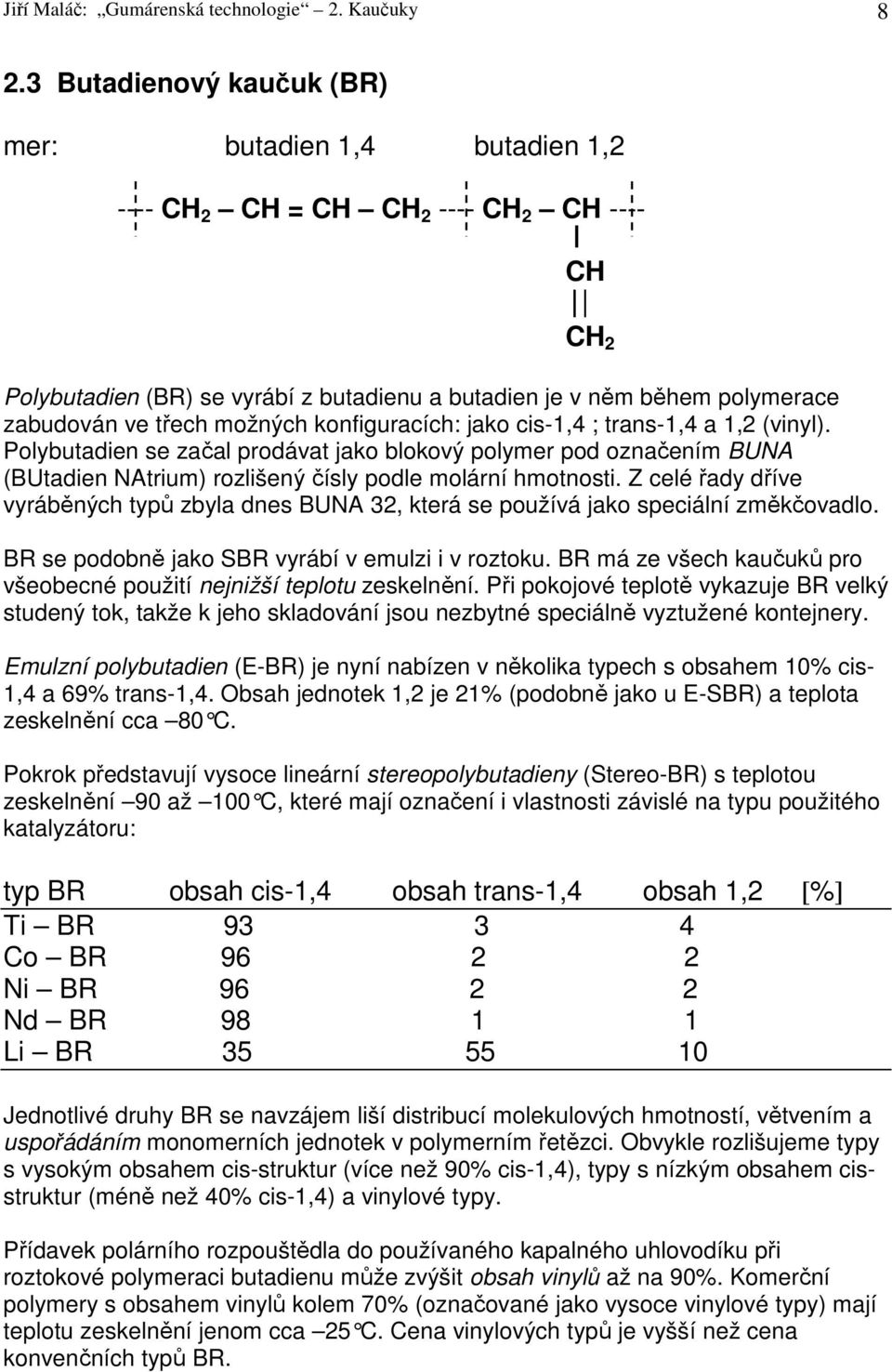 třech možných konfiguracích: jako cis-1,4 ; trans-1,4 a 1,2 (vinyl). Polybutadien se začal prodávat jako blokový polymer pod označením BUNA (BUtadien NAtrium) rozlišený čísly podle molární hmotnosti.