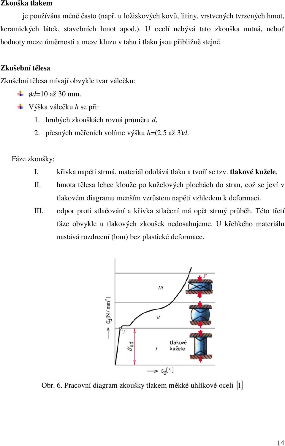 Výška válečku h se při: 1. hrubých zkouškách rovná průměru d, 2. přesných měřeních volíme výšku h=(2.5 až 3)d. Fáze zkoušky: I. křivka napětí strmá, materiál odolává tlaku a tvoří se tzv.