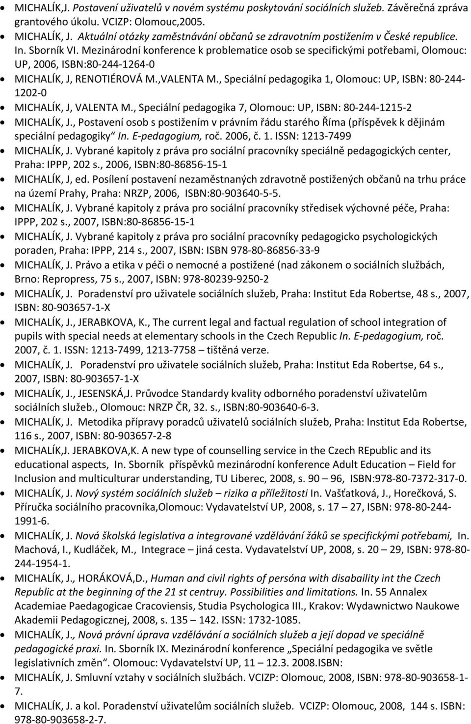 Mezinárodní konference k problematice osob se specifickými potřebami, Olomouc: UP, 2006, ISBN:80-244-1264-0 MICHALÍK, J, RENOTIÉROVÁ M.,VALENTA M.