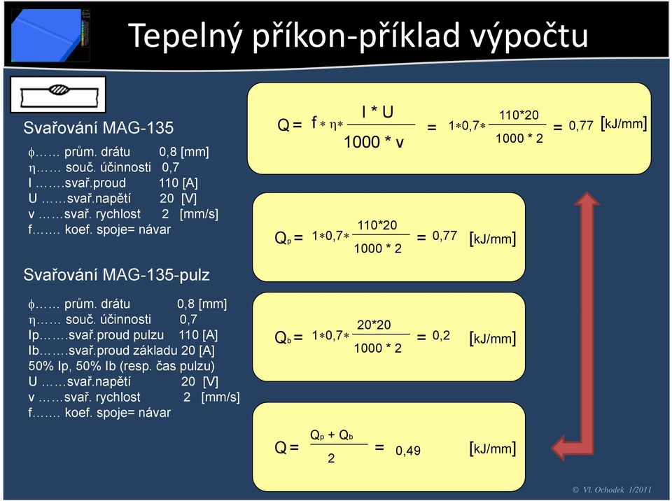 spoje= návar Svařování MAG-135-pulz I * U Q = f η = 1 0,7 110*20 077 1000 * v 1000 * 2 = 0,77 [kj/mm] Qp = 110*20 1 0,7 = * 0,77 [kj/mm] 1000 2 φ