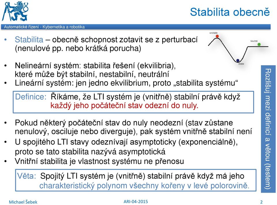 že LTI systém je (vnitřně) stabilní právě když každý jeho počáteční stav odezní do nuly.