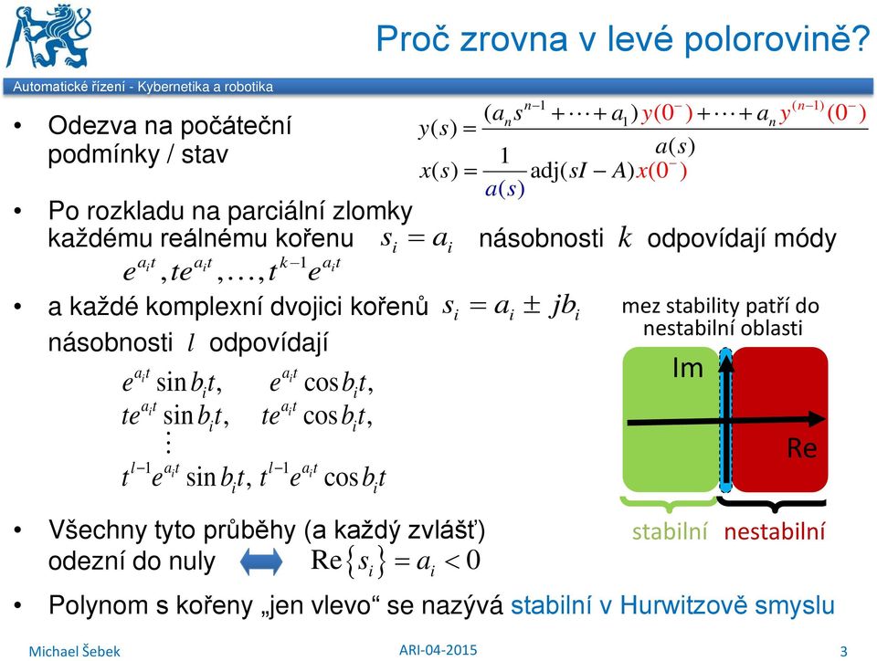 l i Všechny tyto průběhy (a každý zvlášť) odezní do nuly Re s = a < { } i Proč zrovna v levé polorovině?