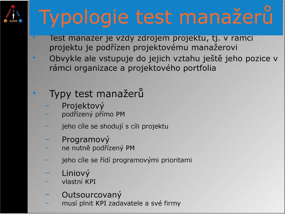 rámci organizace a projektového portfolia Typy test manažerů Projektový podřízený přímo PM jeho cíle se shodují