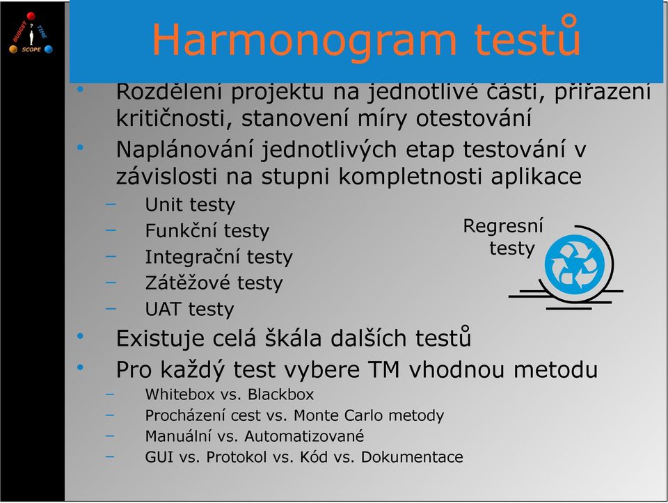 Zátěžové testy UAT testy Regresní testy Existuje celá škála dalších testů Pro každý test vybere TM vhodnou metodu