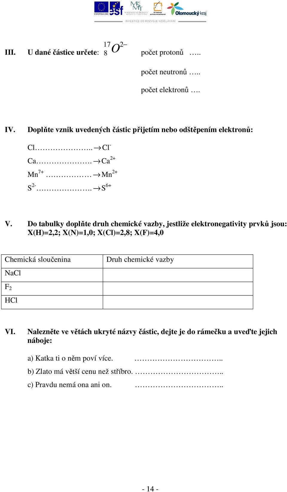 Do tabulky doplňte druh chemické vazby, jestliže elektronegativity prvků jsou: X(H)=2,2; X(N)=1,0; X(Cl)=2,8; X(F)=4,0 Chemická sloučenina