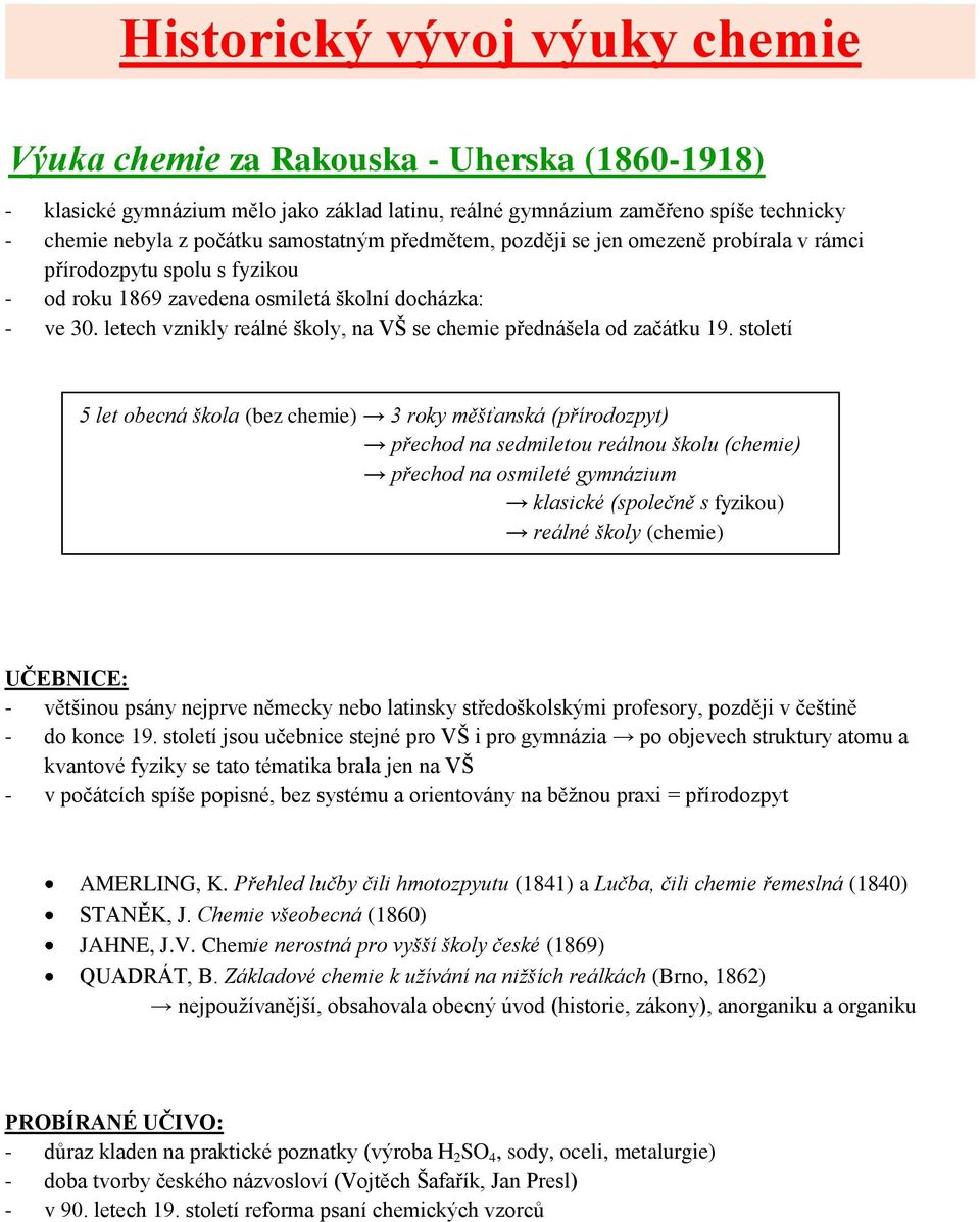 letech vznikly reálné školy, na VŠ se chemie přednášela od začátku 19.