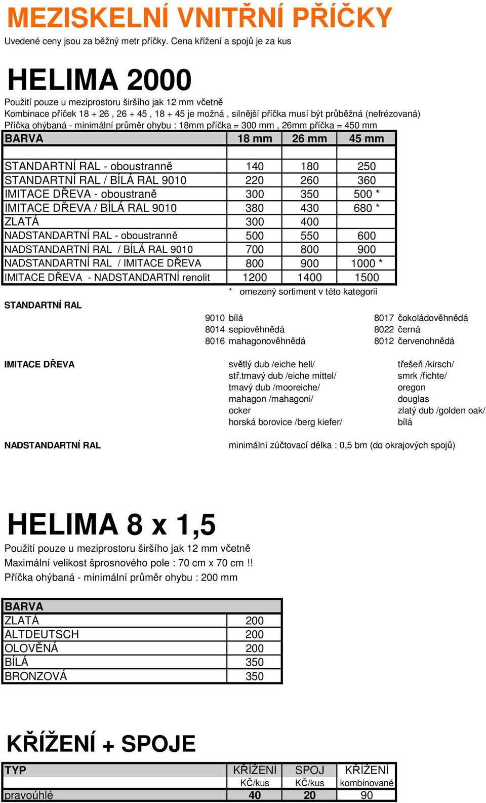 Příčka ohýbaná - minimální průměr ohybu : 18mm příčka = 300 mm, 26mm příčka = 450 mm BARVA 18 mm 26 mm 45 mm STANDARTNÍ RAL - oboustranně 140 180 250 STANDARTNÍ RAL / BÍLÁ RAL 9010 220 260 360