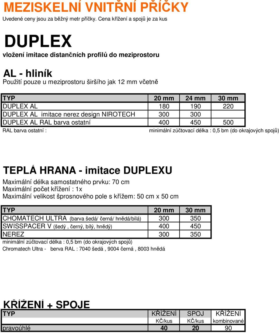 DUPLEX AL imitace nerez design NIROTECH 300 300 DUPLEX AL RAL barva ostatní 400 450 500 RAL barva ostatní : minimální zúčtovací délka : 0,5 bm (do okrajových spojů) TEPLÁ HRANA - imitace DUPLEXU