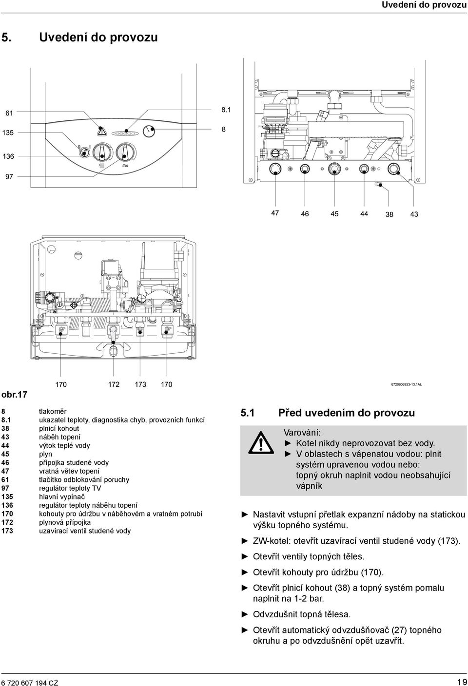 regulátor teploty TV 135 hlavní vypínač 136 regulátor teploty náběhu topení 170 kohouty pro údržbu v náběhovém a vratném potrubí 172 plynová přípojka 173 uzavírací ventil studené vody 5.