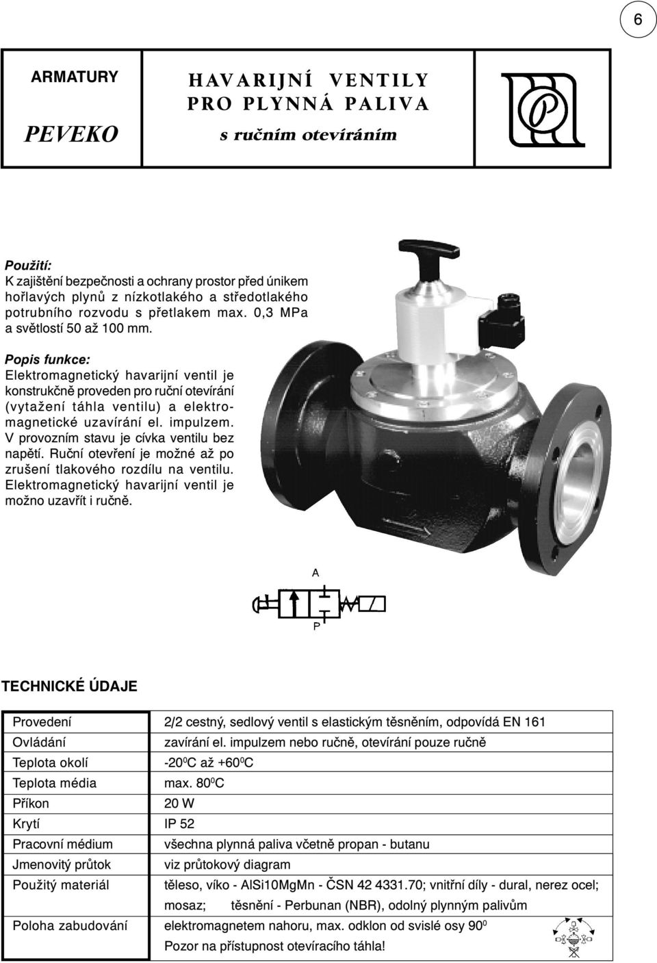 Popis funkce: Elektromagnetický havarijní ventil je konstrukčně proveden pro ruční otevírání (vytažení táhla ventilu) a elektromagnetické uzavírání el. impulzem.