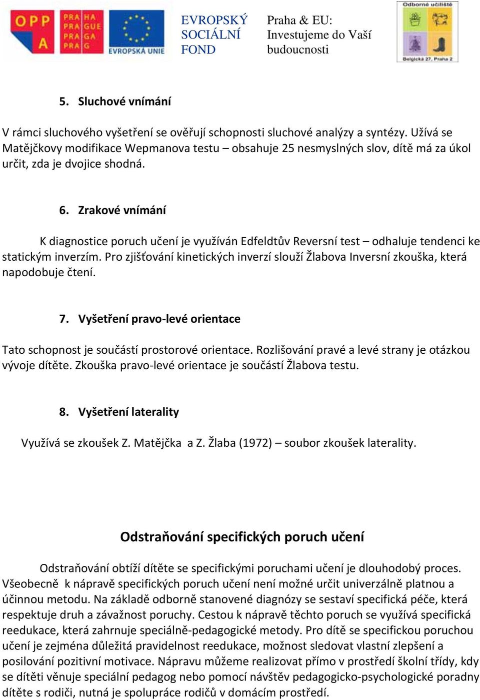 Zrakové vnímání K diagnostice poruch učení je využíván Edfeldtův Reversní test odhaluje tendenci ke statickým inverzím.