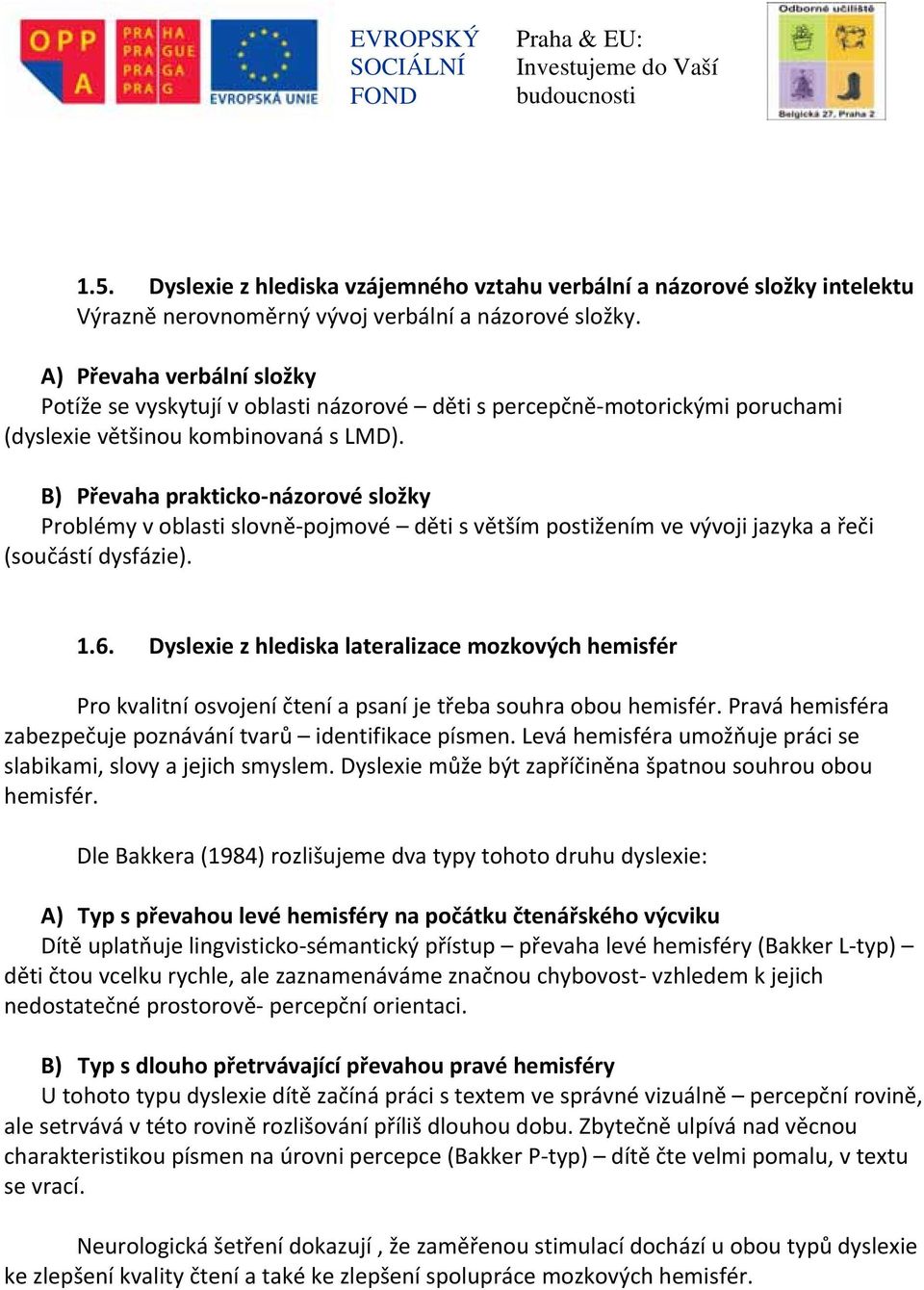 B) Převaha prakticko názorové složky Problémy v oblasti slovně pojmové děti s větším postižením ve vývoji jazyka a řeči (součástí dysfázie). 1.6.